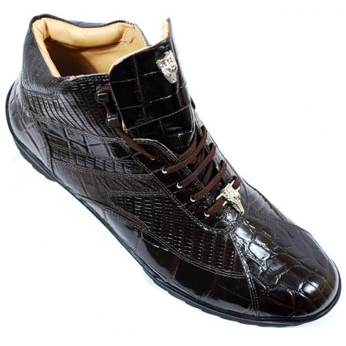 Giorgio Brutini Dark Chocolate Alligator / Lizard Print Casual Sneakers Boots With Silver Alligator Head on Laces And Tongue 200032